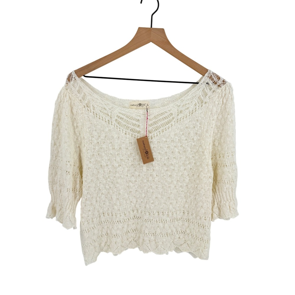 Natural Life NWT Knit Top Cream Large Boho Crochet Cozy Ivory Cottagecore